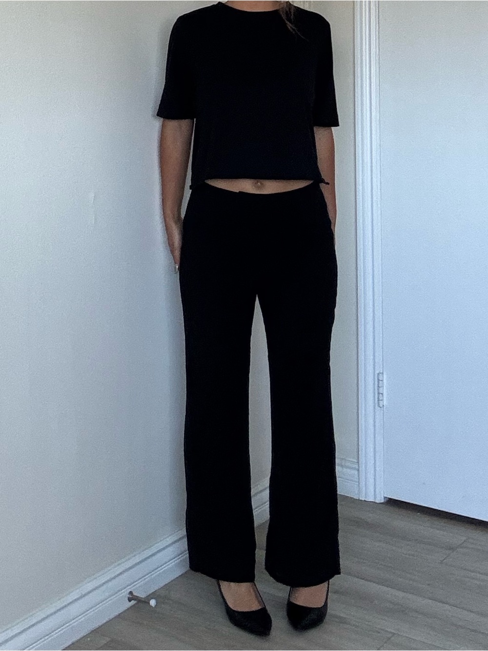 Ann Taylor Black Wide-Leg Dress Pants with Striped Texture